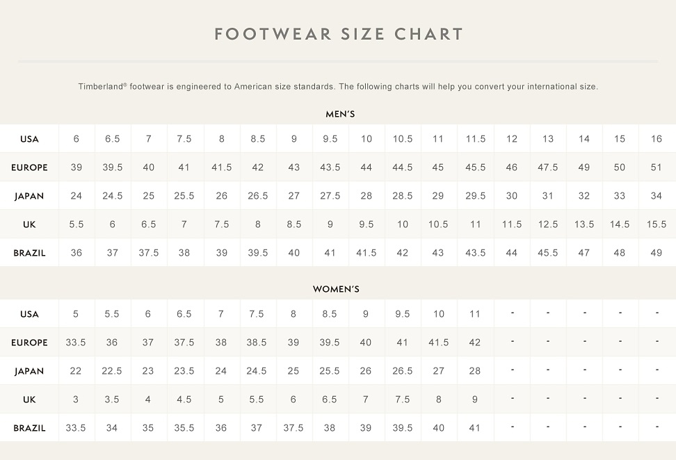 timberland junior size chart